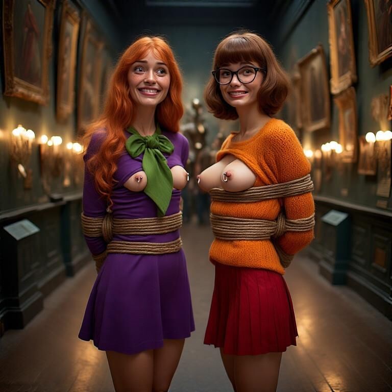 Daphne and Velma Pierced Nipples tied up in museum