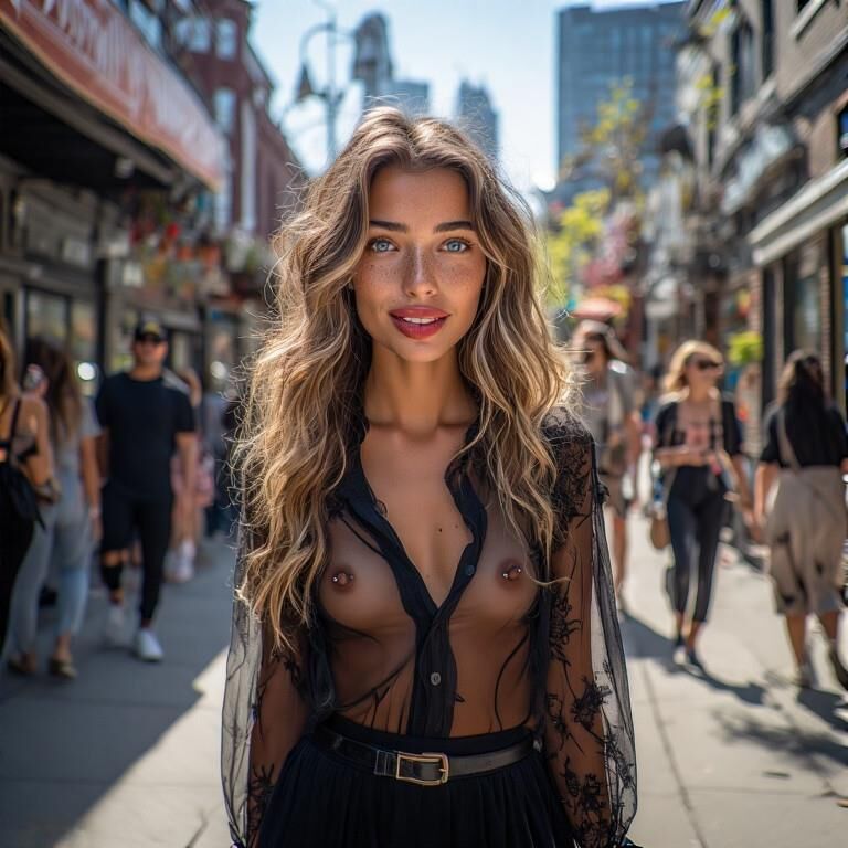 Smiling Woman in Sheer Blouse with Pierced Nipples street