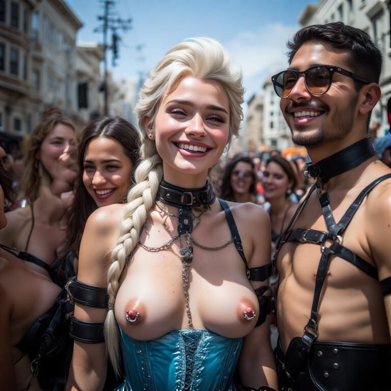Elsa sorrindo com mamilos perfurados na Feira Folsom Street