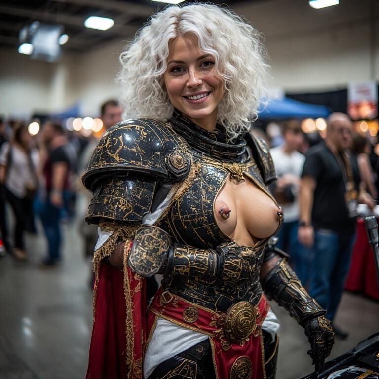 Cosplay Warhammer K sorrindo com mamilos perfurados Sororitas
