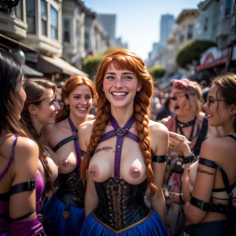 Anna Smiling with Pierced Nipples at Folsom Street Fair 