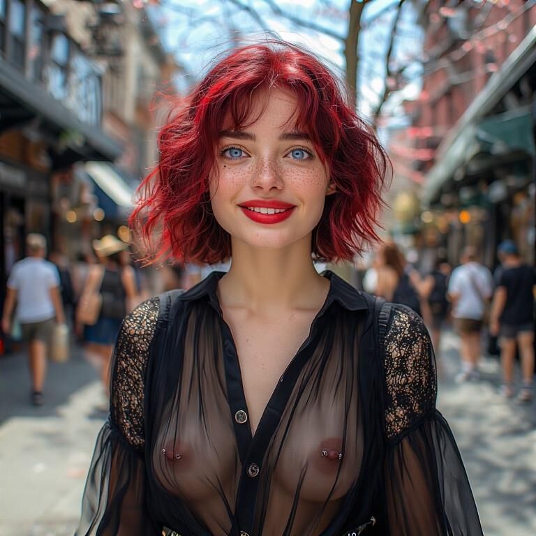 Smiling Woman in Sheer Blouse with Pierced Nipples street
