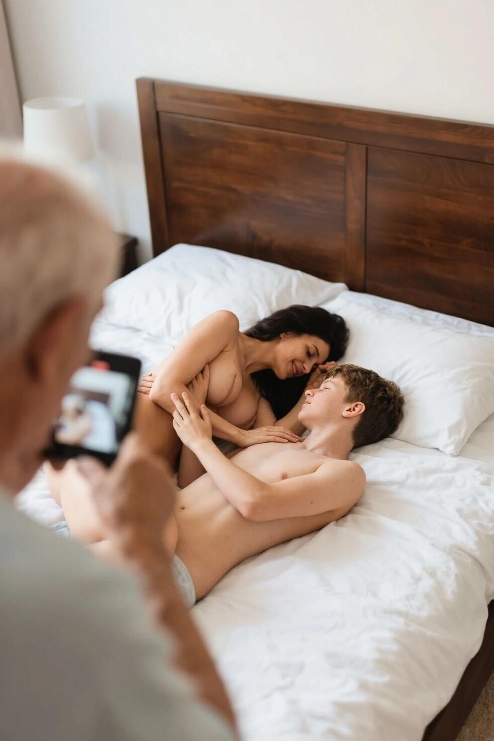 息子のためにベッドでポーズをとっている女性