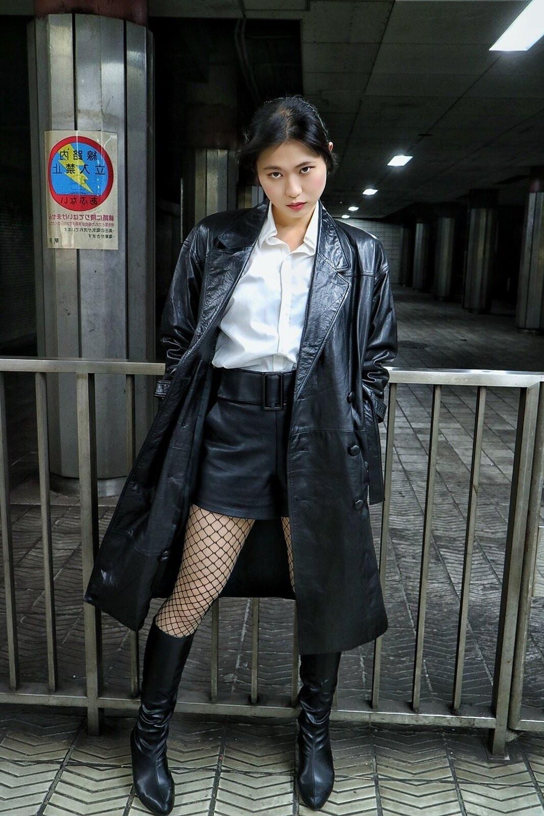 Asiático, falta, nylons