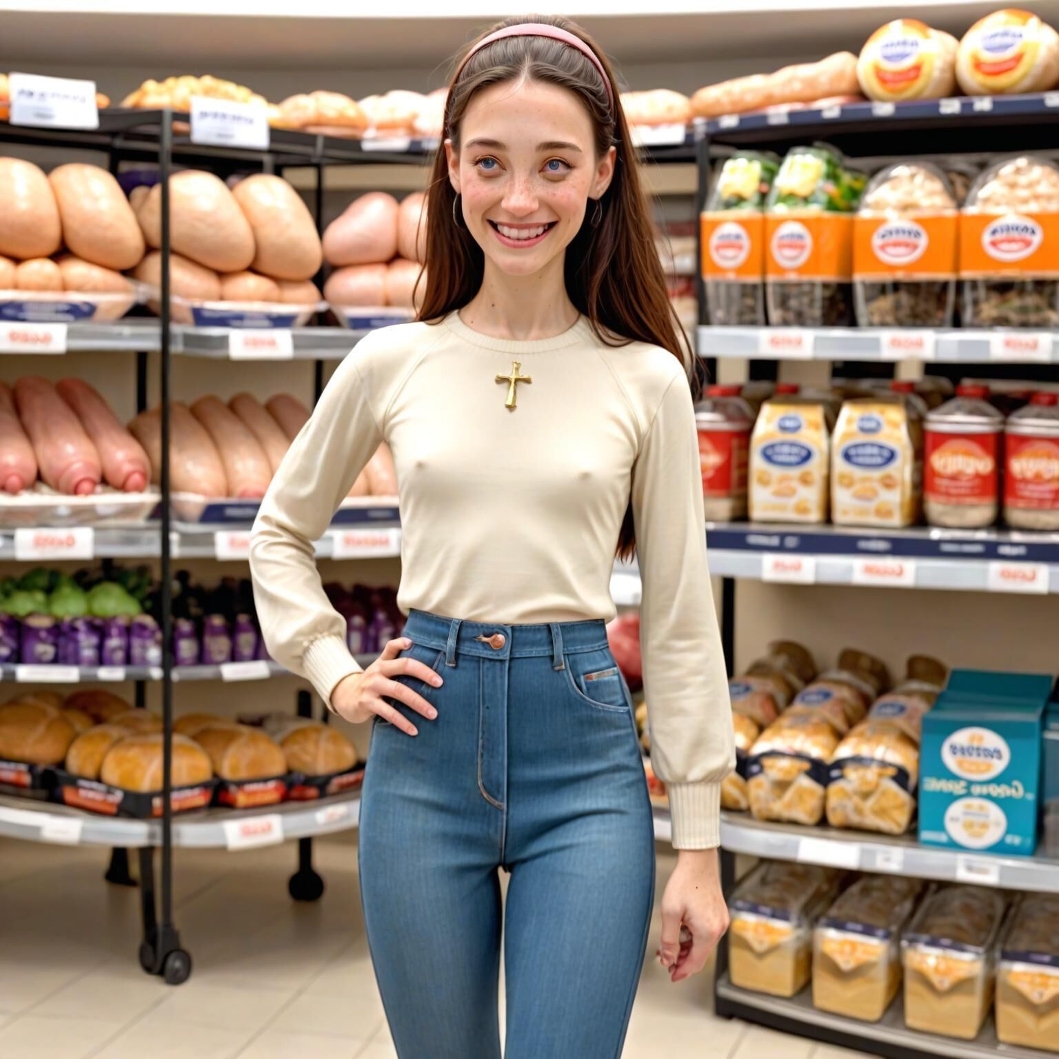 Filles chrétiennes avec des mamelons Pokey dans un marché climatisé