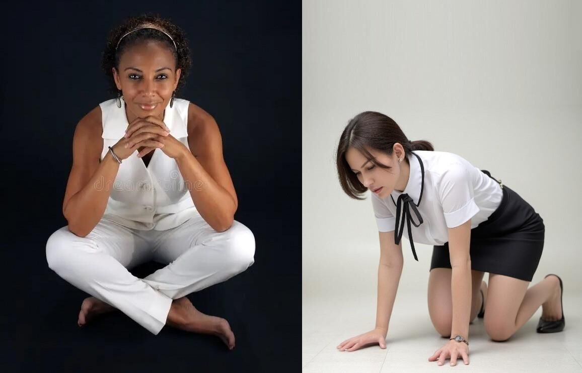Black women with kneeling white girls.