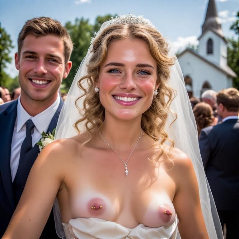 Lächelnde Bräute mit durchbohrten Brustwarzen Blonde