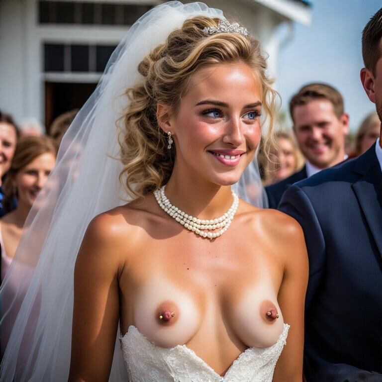 Lächelnde Bräute mit durchbohrten Brustwarzen Blonde