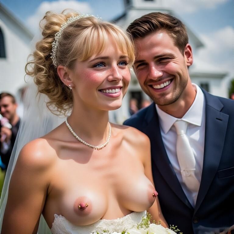 Lächelnde Bräute mit durchbohrten Brustwarzen Blonde