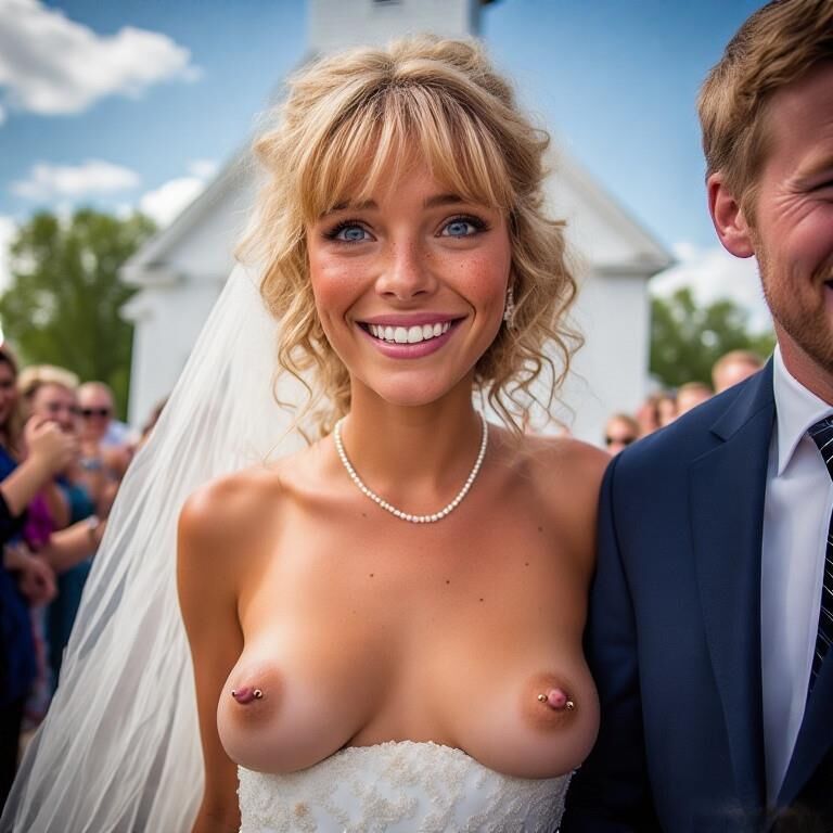 Lächelnde Bräute mit durchbohrten Brustwarzen Blonde