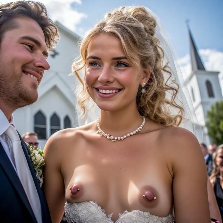 Lächelnde Bräute mit durchbohrten Brustwarzen Blonde