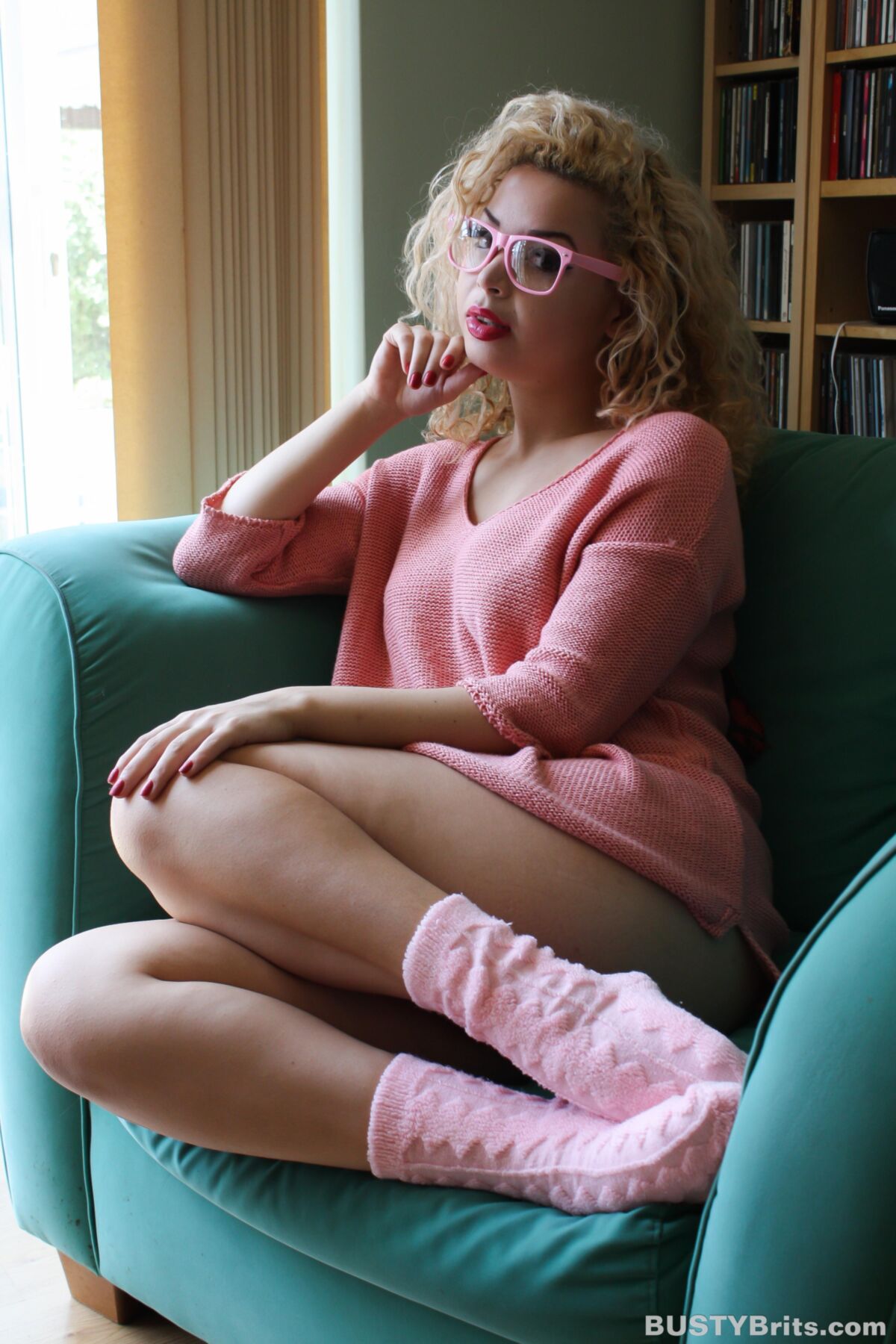 Aruba Jasmine Cute Busty British Blonde Latina in a Pink Sweater