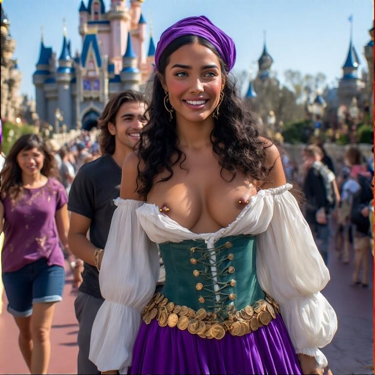 Esmerelda lächelt mit durchbohrten Brustwarzen in Disneyland