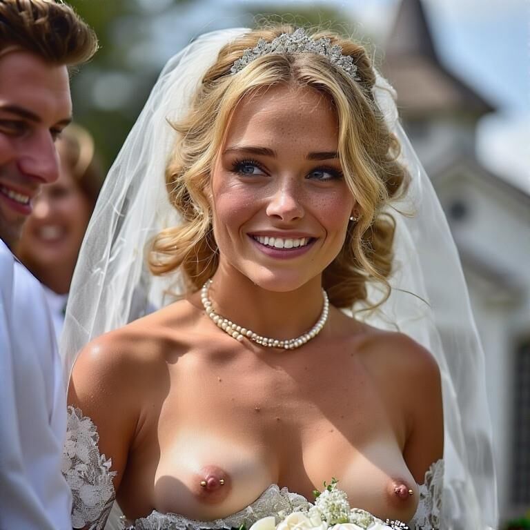 Lächelnde Bräute mit durchbohrten Brustwarzen Blonde