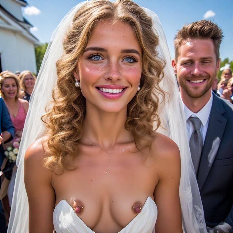 Lächelnde Bräute mit durchbohrten Brustwarzen Blonde