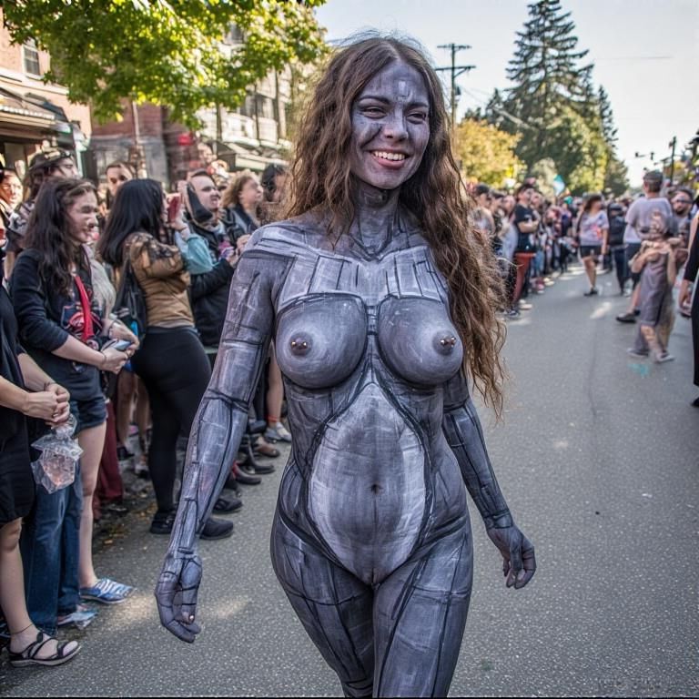 Pintura de cuerpo sonriente Pezones perforados Fremont Solstice Parade