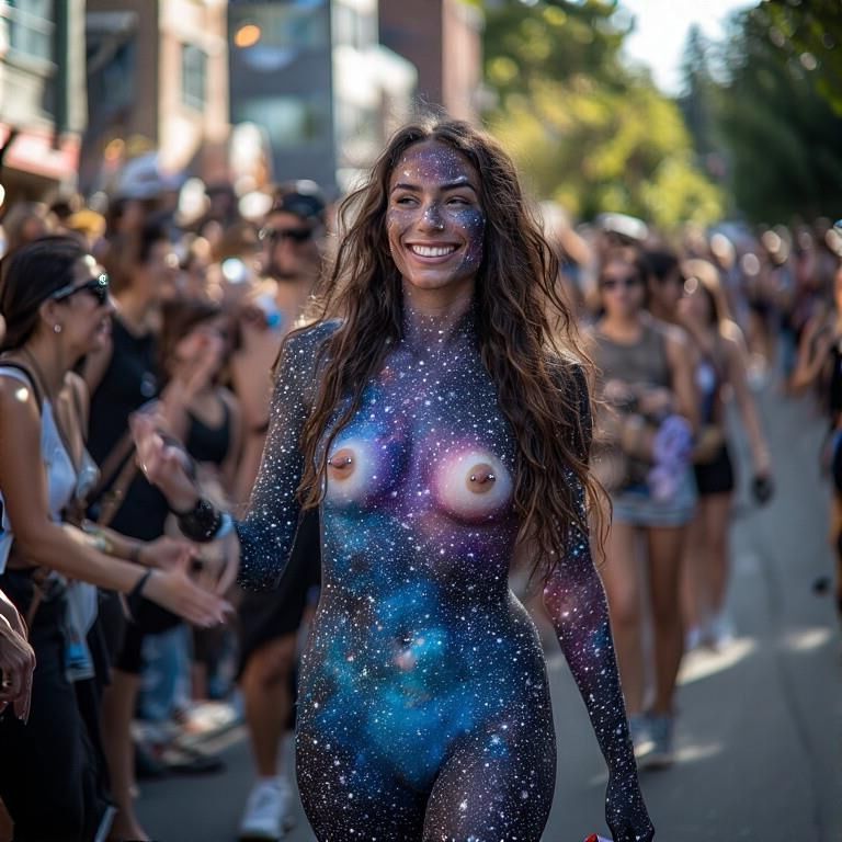 Pintura de cuerpo sonriente Pezones perforados Fremont Solstice Parade