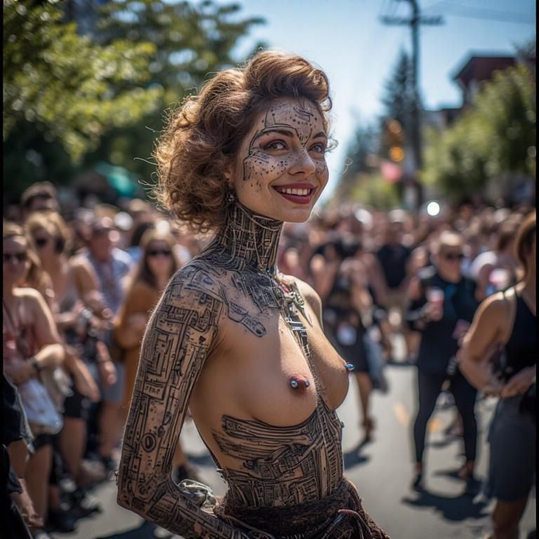 Pintura de cuerpo sonriente Pezones perforados Fremont Solstice Parade