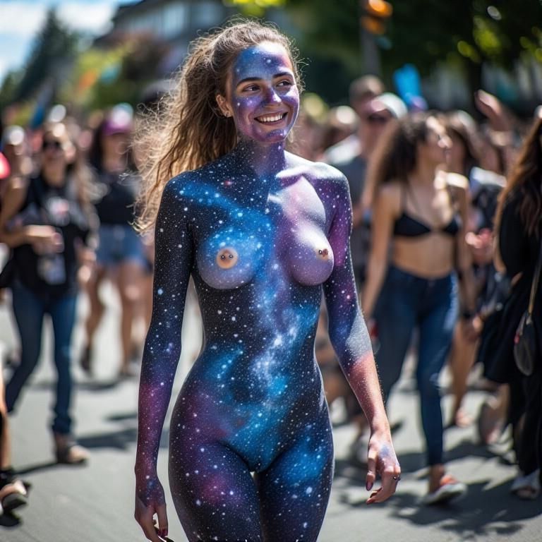 Pintura de cuerpo sonriente Pezones perforados Fremont Solstice Parade