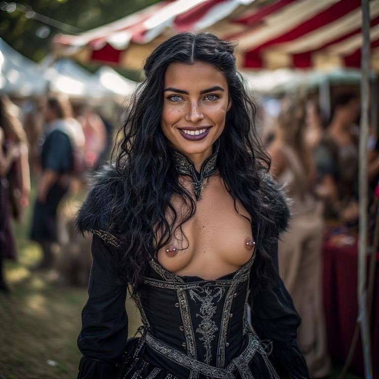 Smiling parpadeando y pezones perforados en Renfaire Yennefer