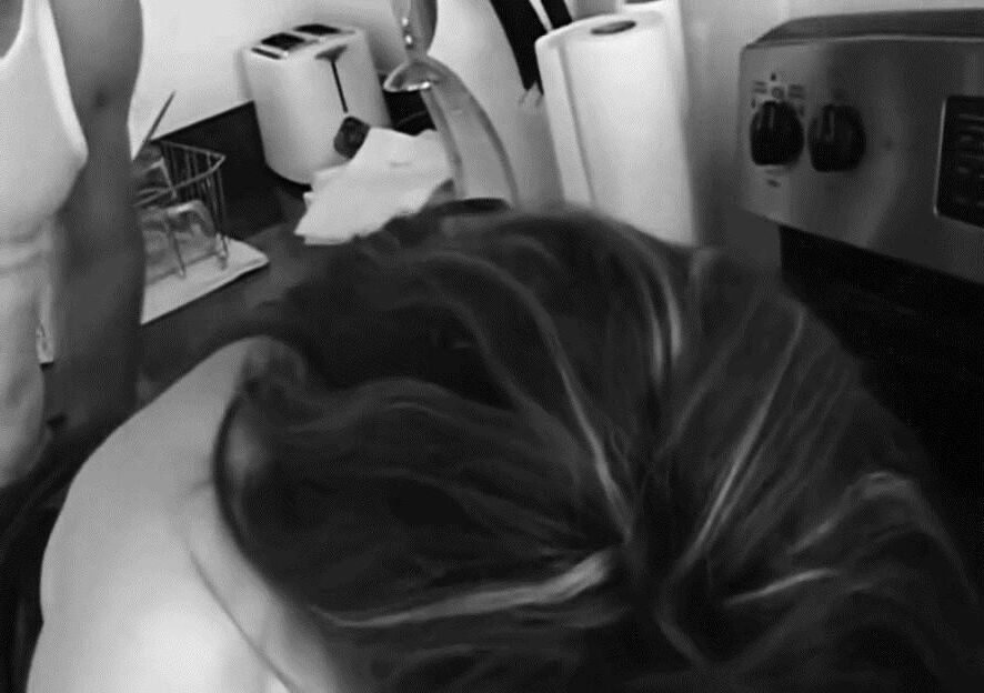 Cheating brunette wife in the kitchen
