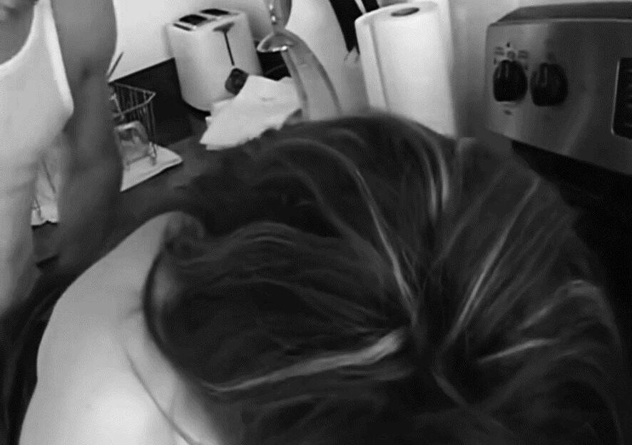 Cheating brunette wife in the kitchen