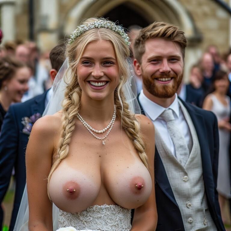 Bridaciones sonrientes con pezones perforados rubios grandes tetas