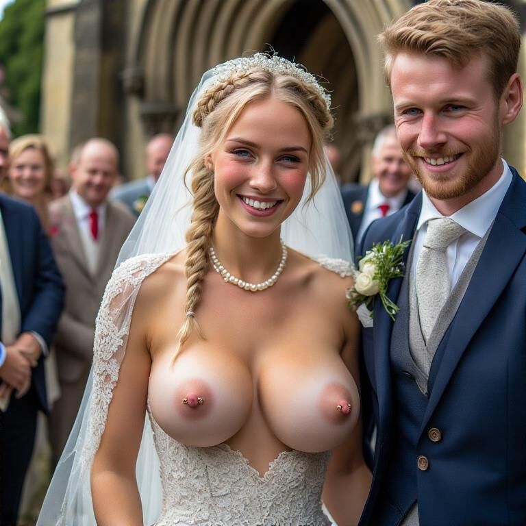 Bridaciones sonrientes con pezones perforados rubios grandes tetas