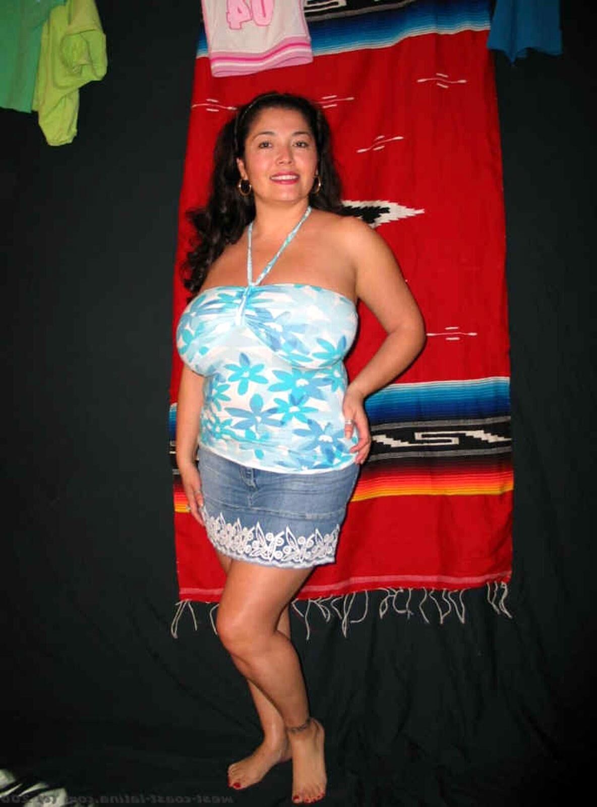 Dulcea Busty Mexican Latina Beauty in a Blue Denim Miniskirt