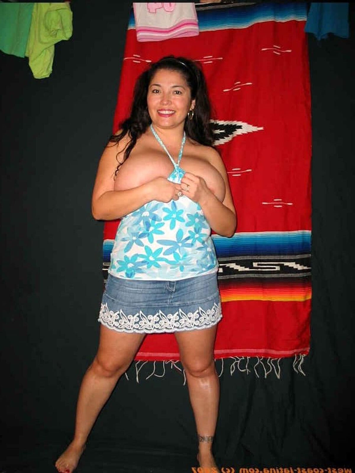 Dulcea Busty Mexican Latina Beauty in a Blue Denim Miniskirt