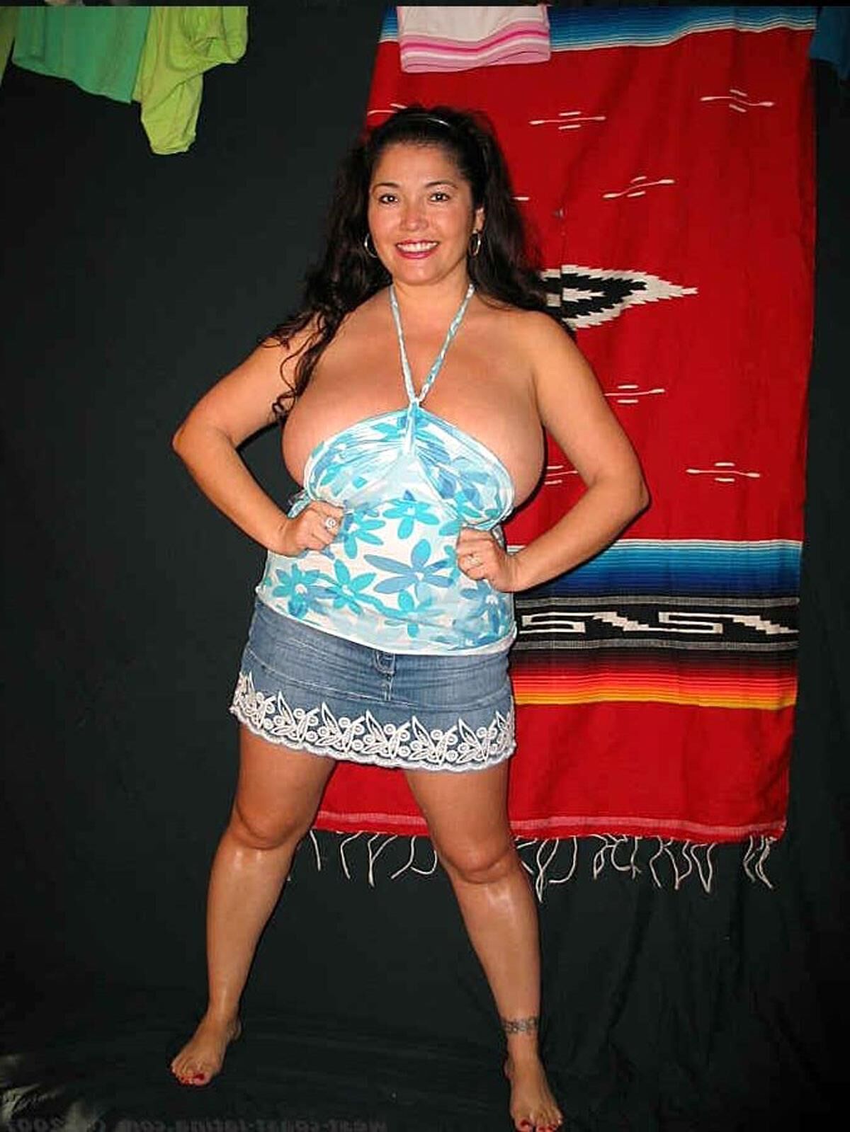 Dulcea Busty Mexican Latina Beauty in a Blue Denim Miniskirt