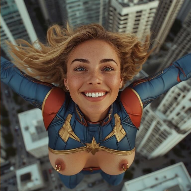 Superhero Flashing Pierced Nipples Flying Captain Marvel