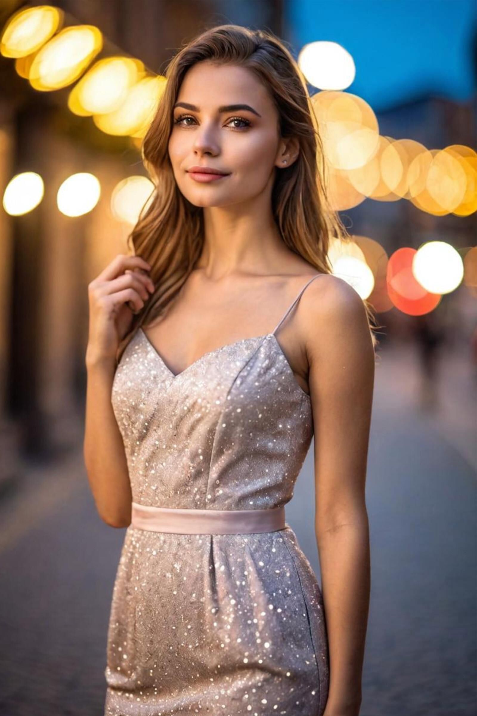 In an elegant dress