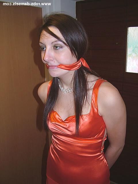 Manda Marie Bound in Orange Satin Robe