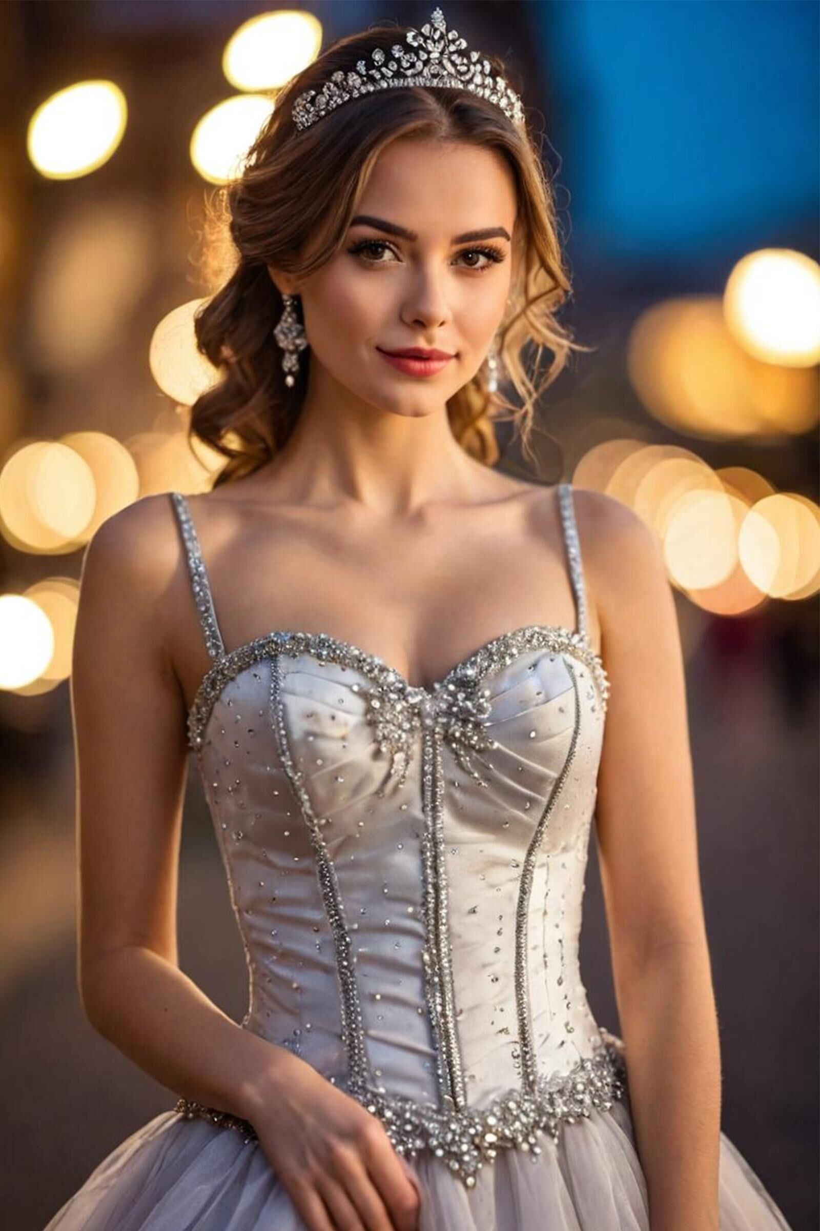 In an elegant dress