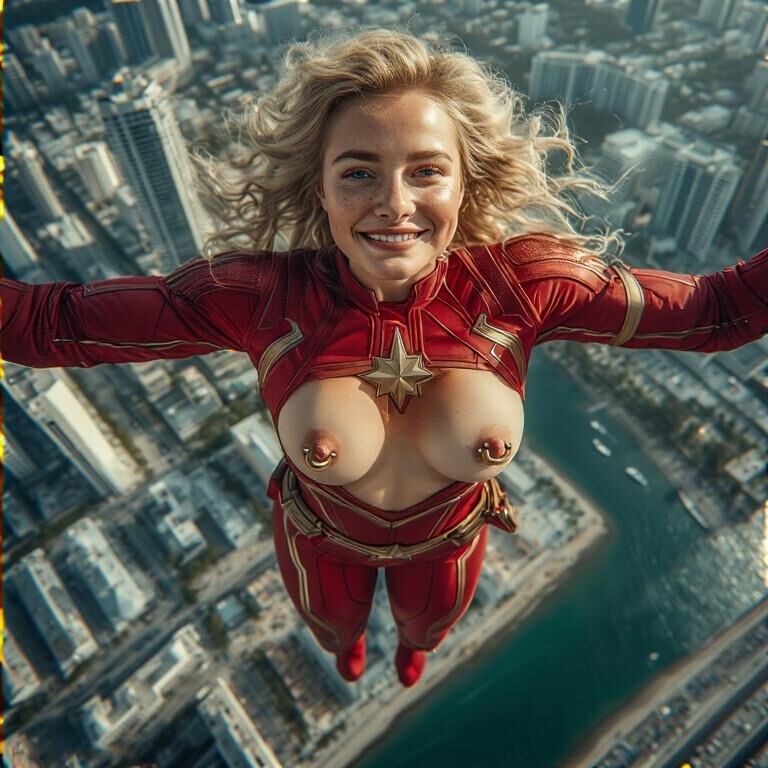 Superhero Flashing Pierced Nipples Flying Captain Marvel