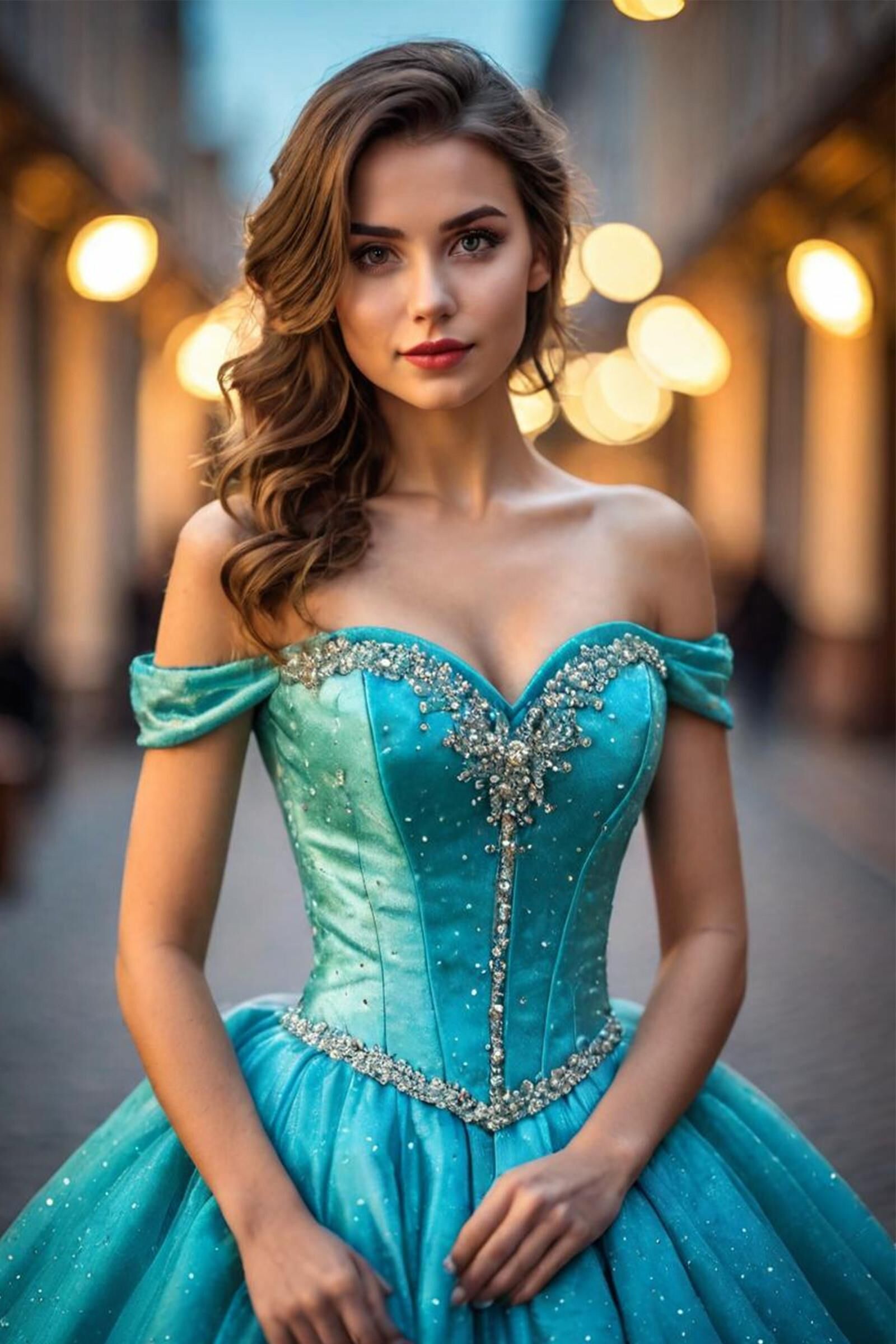 In an elegant dress