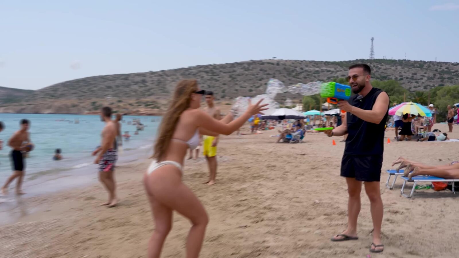 Perras griegas en la playa verano