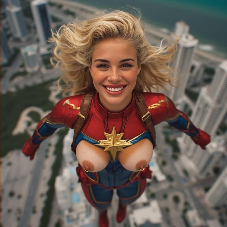 Superhero Flashing Pierced Nipples Flying Captain Marvel