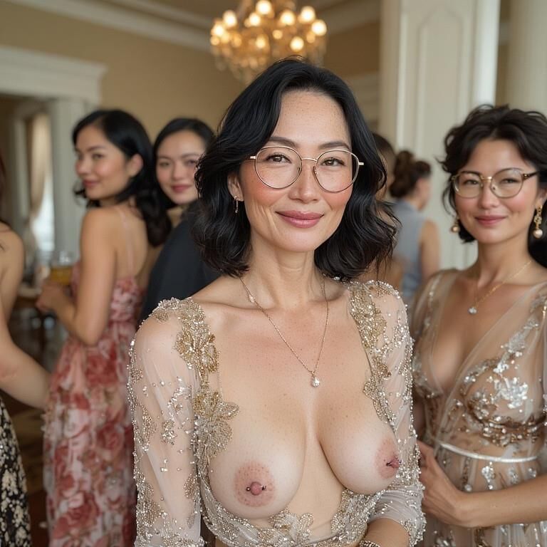 Mulher sorridente com mamilos perfurados na festa