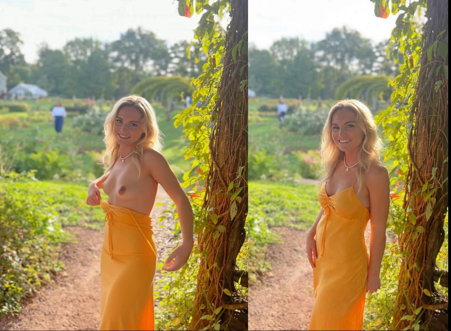 pretty blonde flashes outdoors