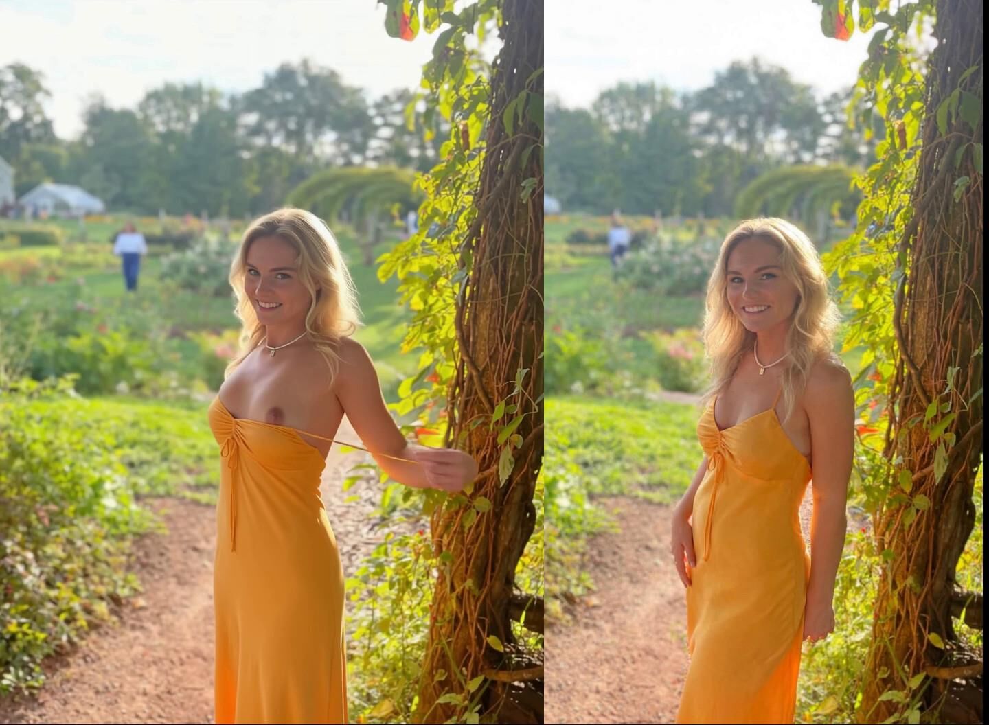 pretty blonde flashes outdoors