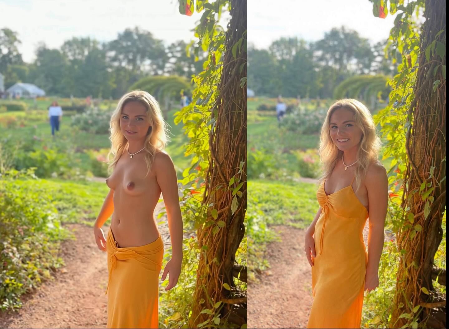pretty blonde flashes outdoors
