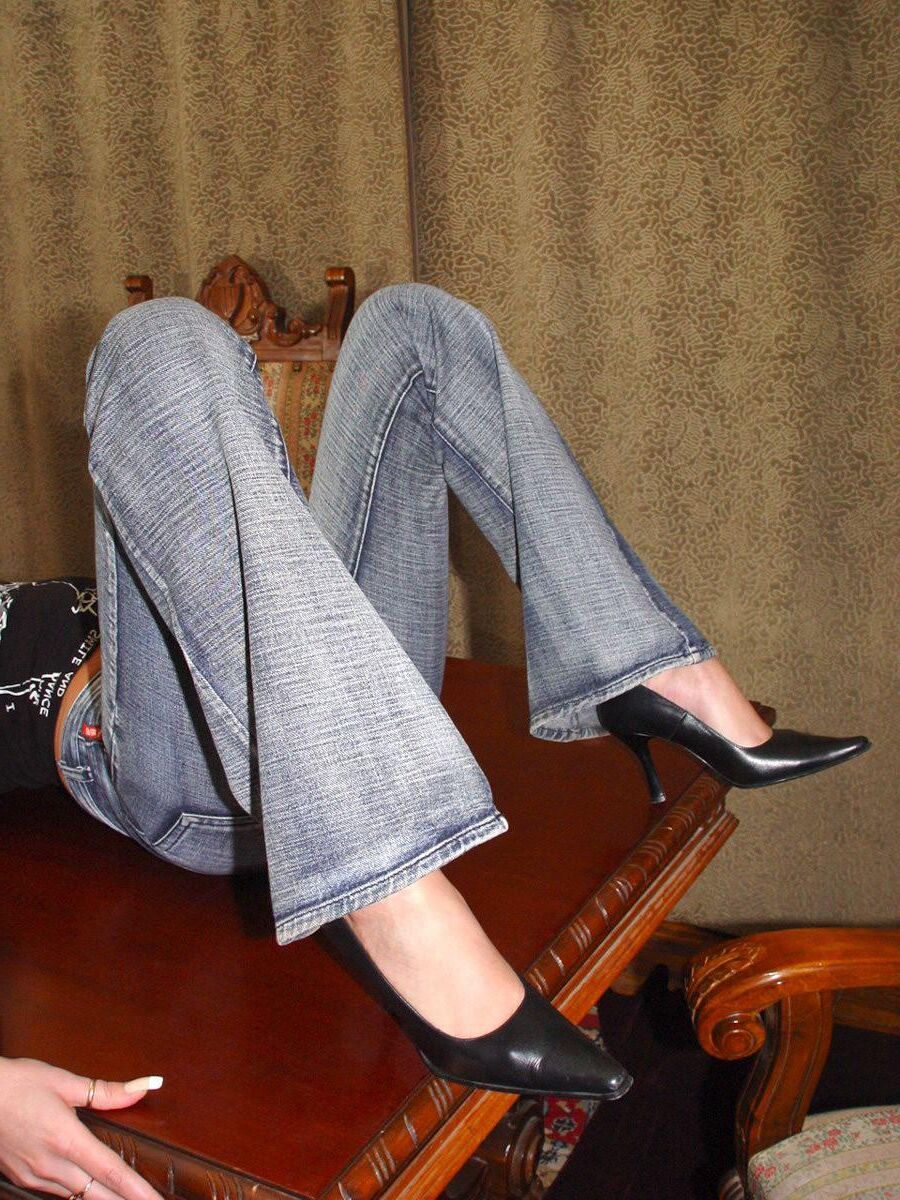 Blond in Jeans Pans Playing with Dildo
