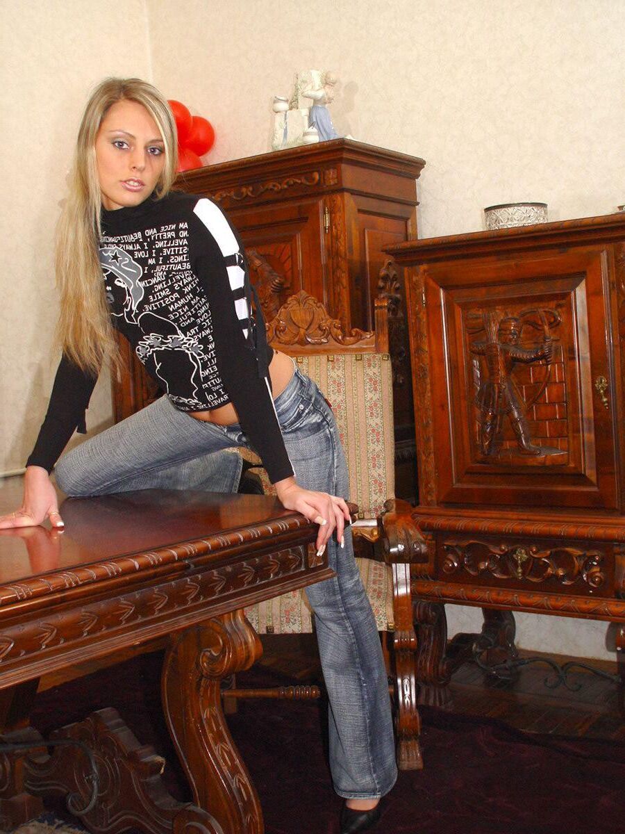 Blond in Jeans Pans Playing with Dildo