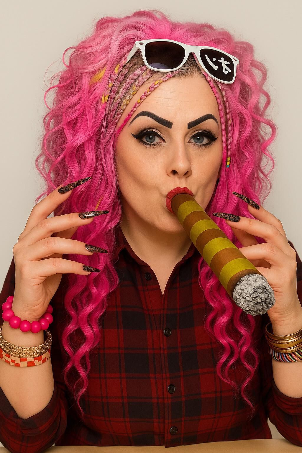AI riesige Zigarre rauchen Fetisch Bilder Spezielle rosa Lederjacke