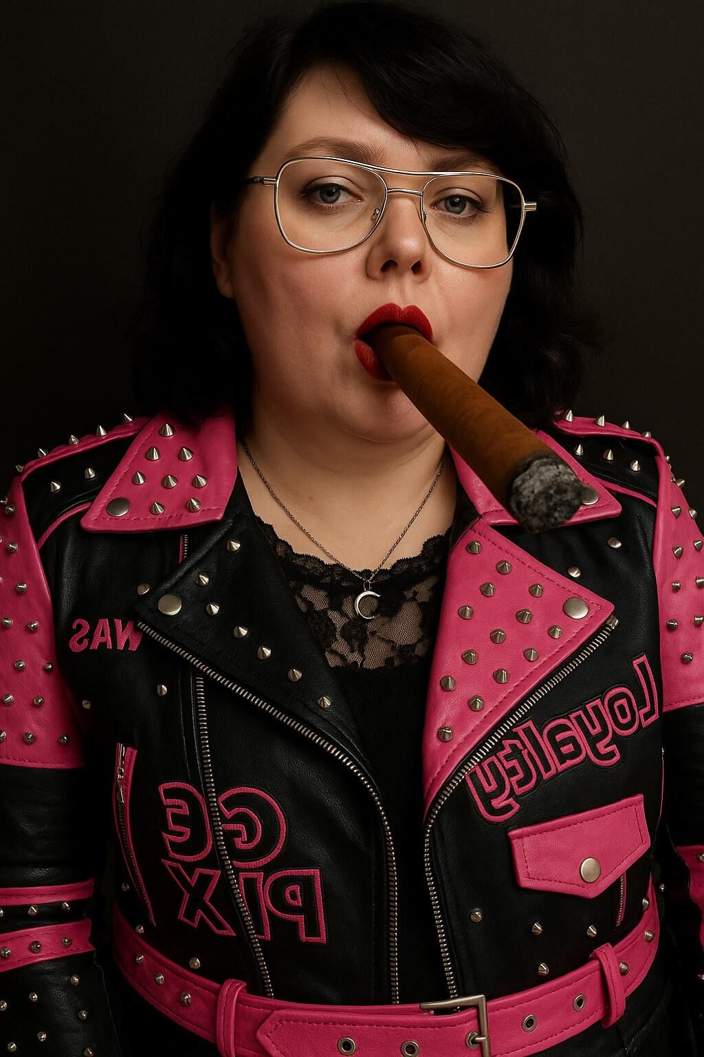 AI riesige Zigarre rauchen Fetisch Bilder Spezielle rosa Lederjacke