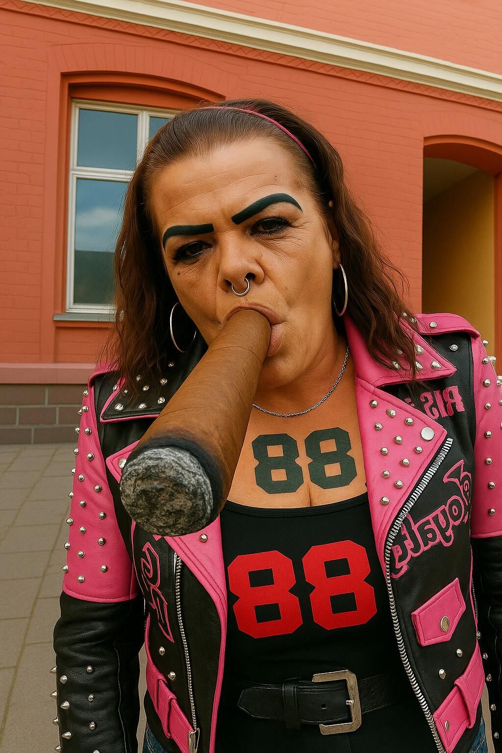 AI riesige Zigarre rauchen Fetisch Bilder Spezielle rosa Lederjacke