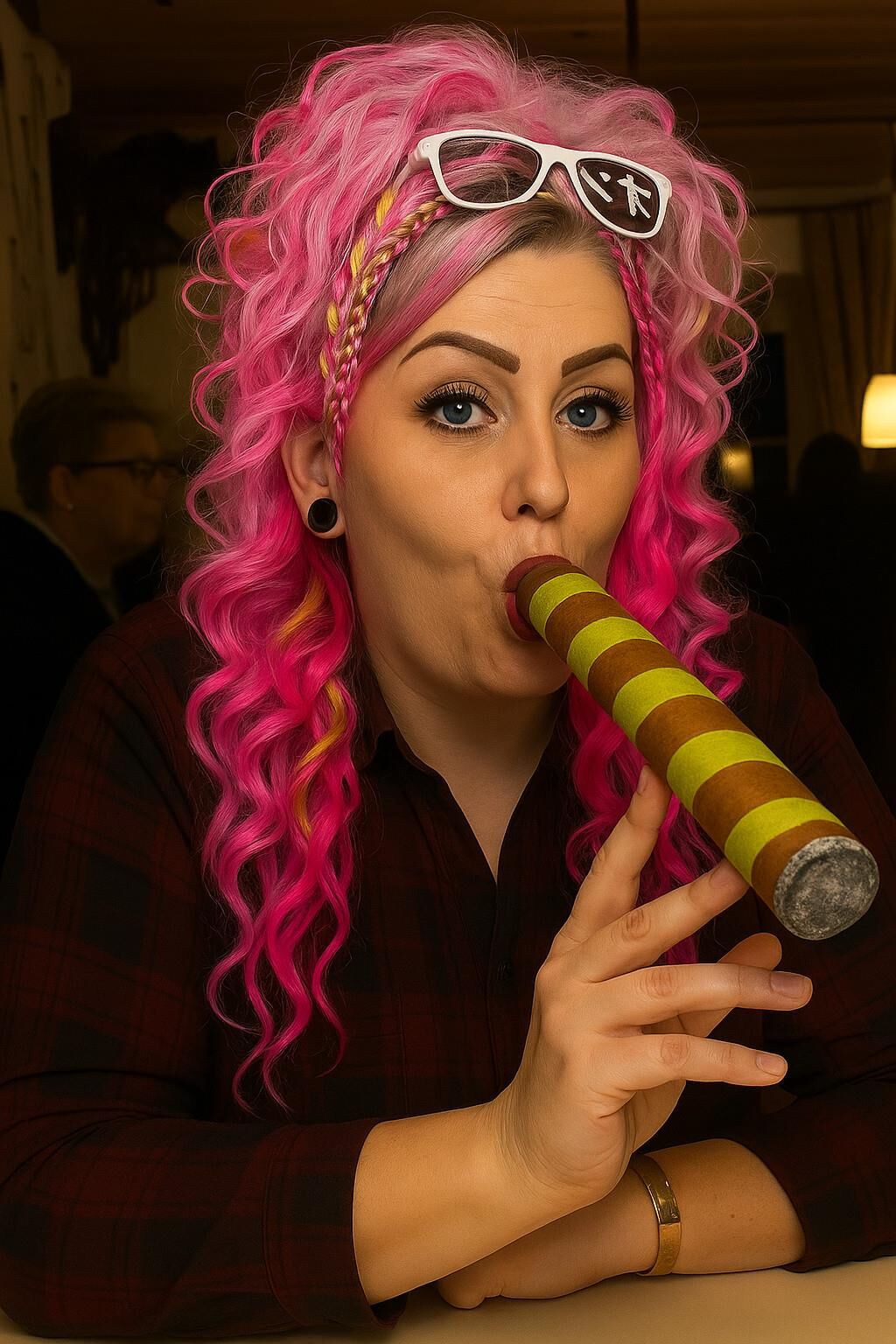 AI riesige Zigarre rauchen Fetisch Bilder Spezielle rosa Lederjacke