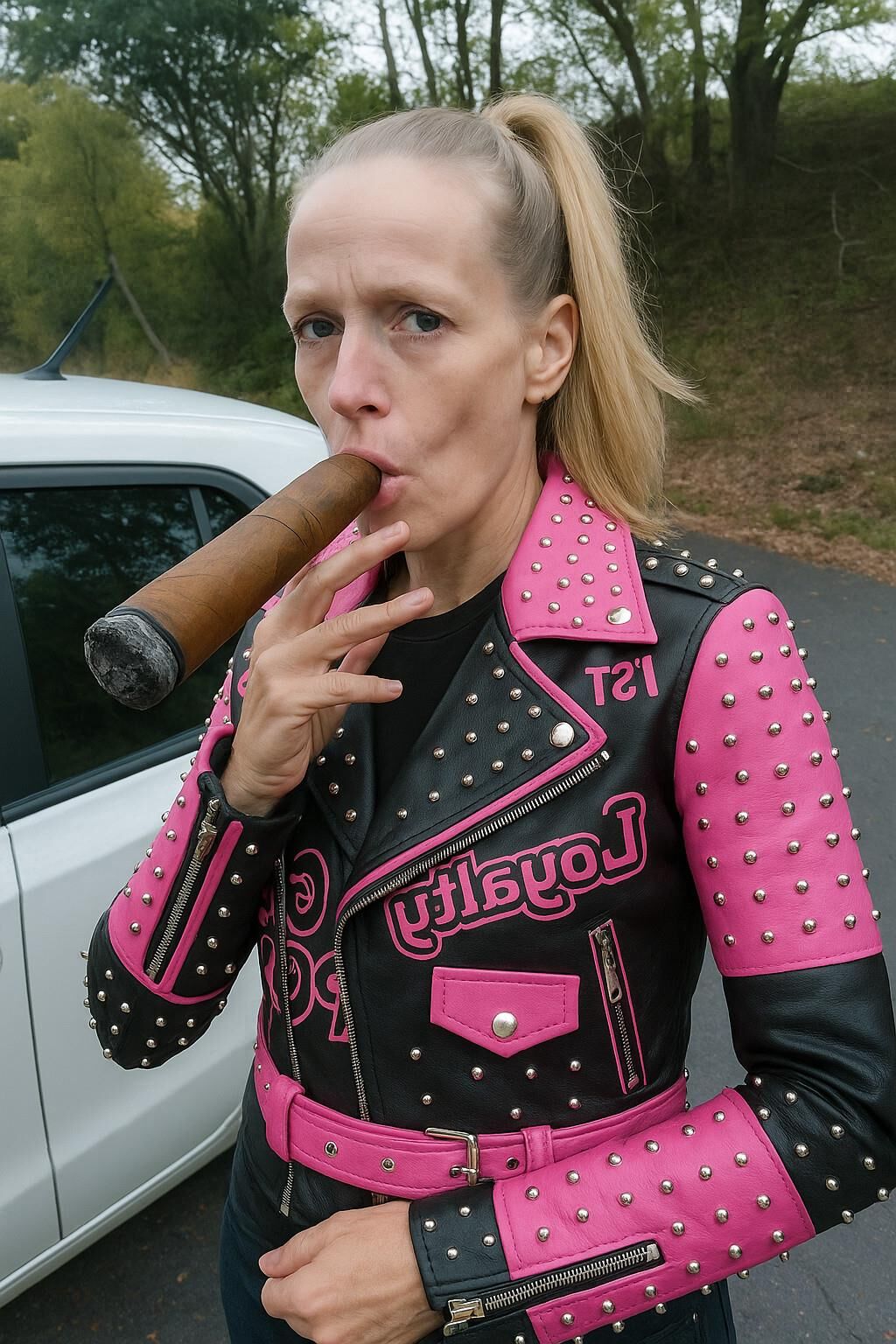 AI riesige Zigarre rauchen Fetisch Bilder Spezielle rosa Lederjacke